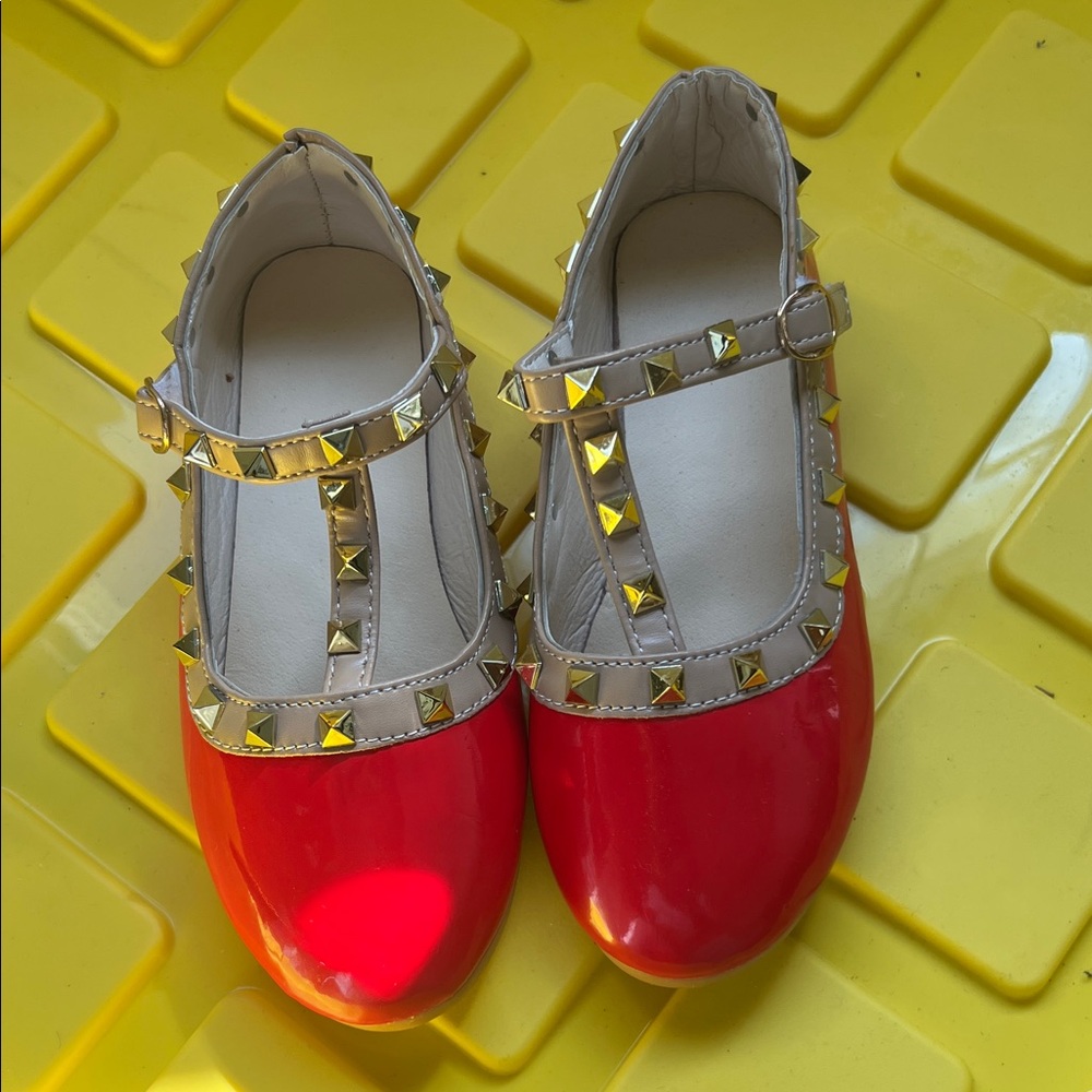 Girls Red Patent T-Strap Studded Mary Jane Kids Shoes